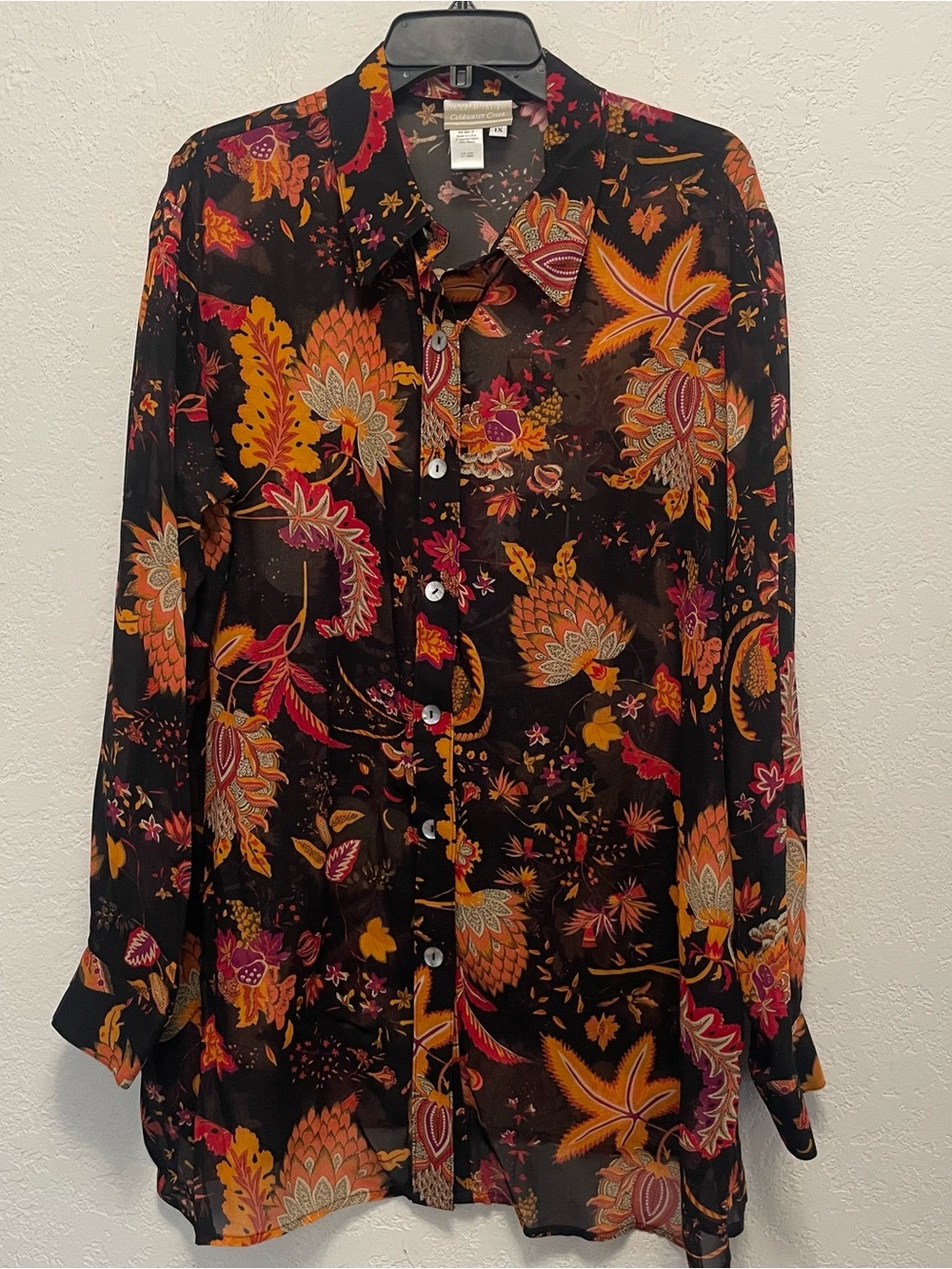 Coldwater Creek Women's 1X Sheer Floral Long Sleeve Button Up Blouse